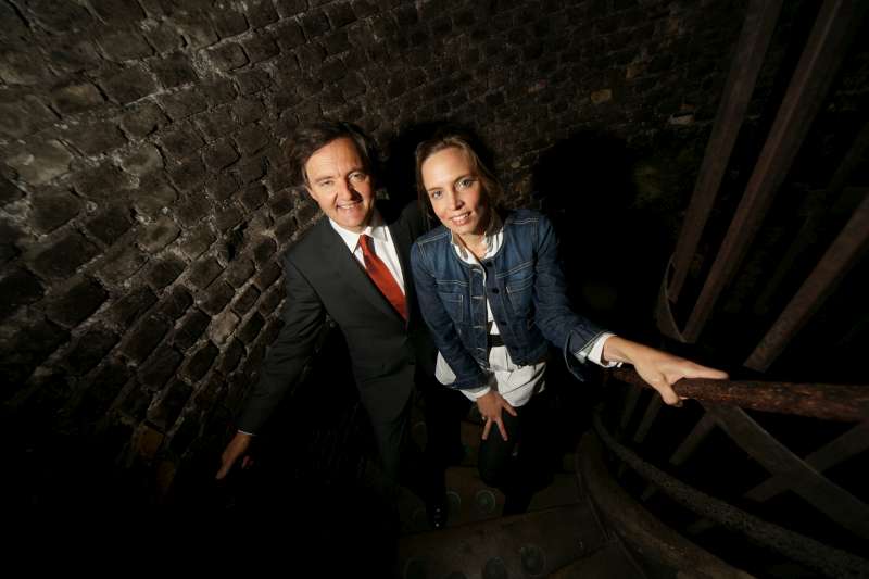 Pierre-Emmanuel and Vitalie Taittinger - Taittinger. Pierrre-Emannuel and his daughter Vitale are in the cellars at Taittinger on a spiral stairway reflecting the many levels of the cellars, the different generations of the family and the depth of the wine.